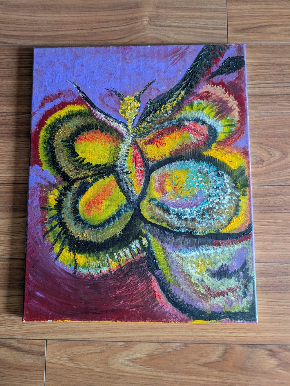 Hand-Painted Abstract Butterfly Canvas Art in Yellow and Purple - Unbranded
